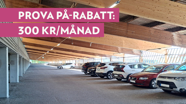 Falken-garaget i Skönsberg. Foto med texten "Erbjudande: Prova på-rabatt 300 kr/månad".