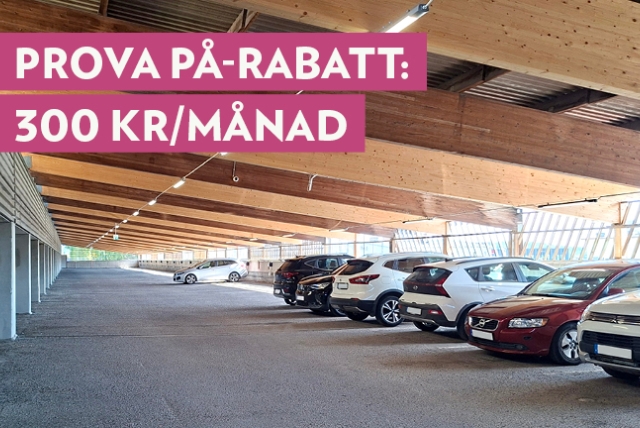 Falken-garaget i Skönsberg. Foto med texten "Erbjudande: Prova på-rabatt 300 kr/månad".