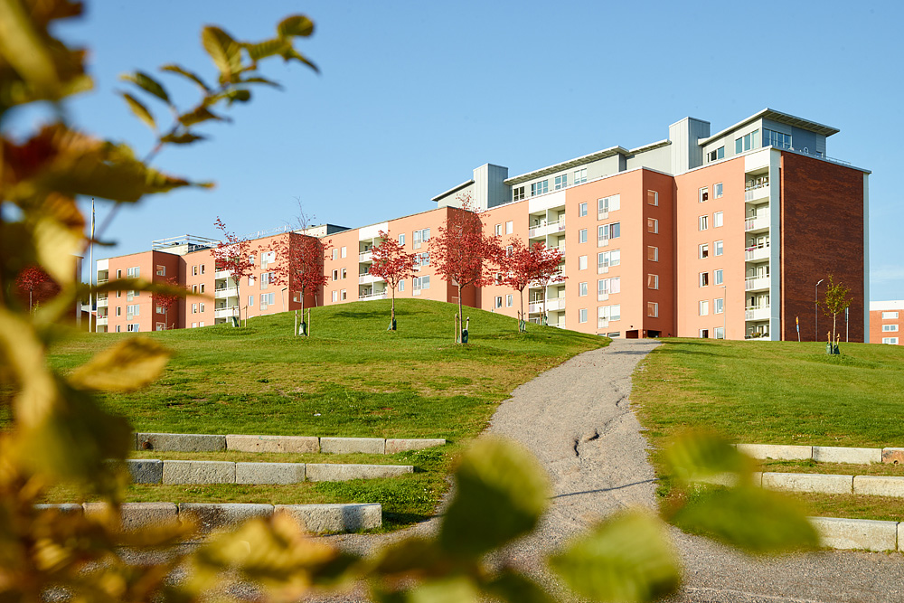 De höga husen i Nacksta ligger omgiven av stora grönområden och nära till skogen. Bild.