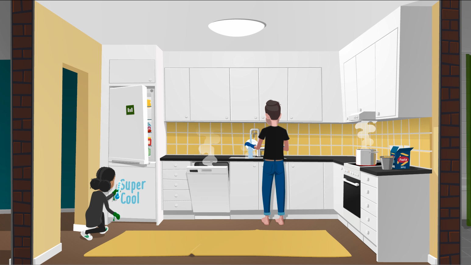 En man står och diskar i ett kök medan ett barn kollar temperaturen i frysen. Illustration.