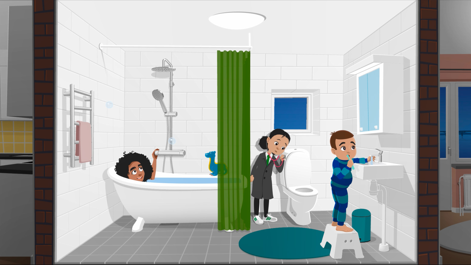 En kvinna ligger och badar, ett barn borstar tänderna och ett annat barn lyssnar med stetoskop på toaletten för att höra om den rinner. Illustration.