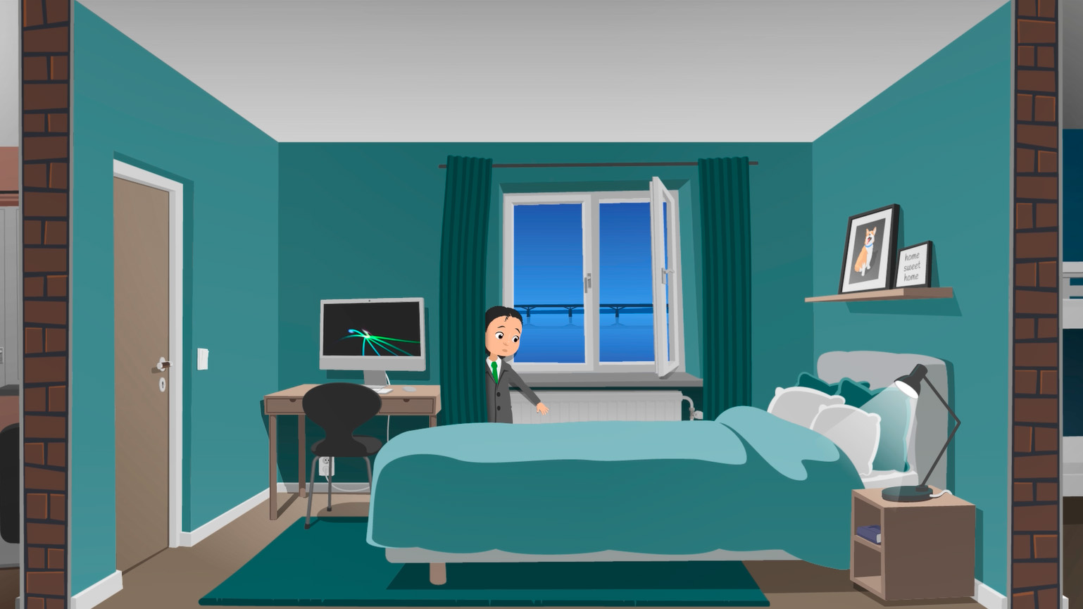 Ett barn står vid ett öppet fönster och känner på elementet. Illustration.