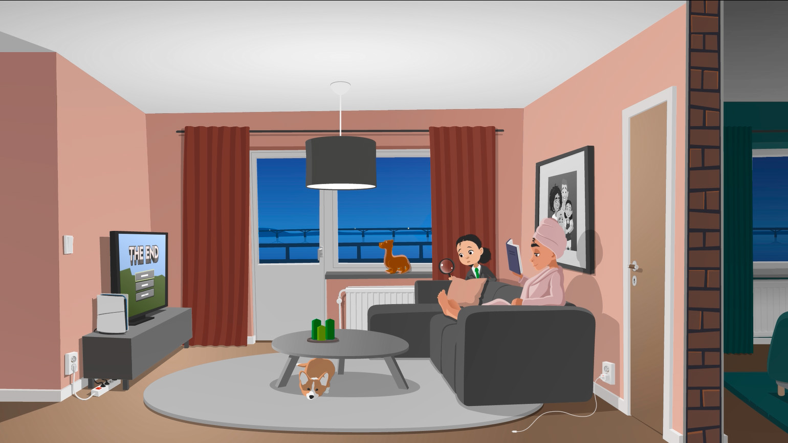 Ett barn står mellan fönster och soffan i ett vardagsrum och undersöker elementet. Illustration.